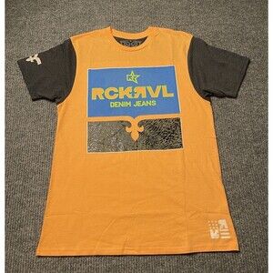 Rock Revival T-Shirt Men Medium Orange Neon Short Sleeve Graphic Print Crew NEW